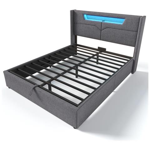 Letto Con Lino Grigio, Luce Led E Porta Di Ricarica Usb - Foto 2