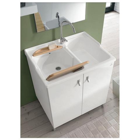 Mobile Lavatoio A 2 Vasche Con 2 Ante,   Smart Con Cesto - 80 Cm Bianco A Magazzino - Foto 2