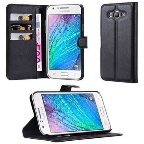 Custodia Compatibile Con Samsung Galaxy J7 2015 In Nero Carbone - Coperchio Protettiva Con Chiusura Magnetica, Funzione Stand E Tasca Per Le Carte - Foto 1
