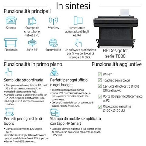 Designjet T650 Stampante Per Grandi Formati da 91 Cm 5Hb10A, Formati Supportati da A4 Ad A0, Velocità 82 Pagine A1 All'Ora, Gigabit Ethernet, Usb Hi-Speed 2.0, Wi-Fi, Garanzia 2 Anni, Nero - Foto 5