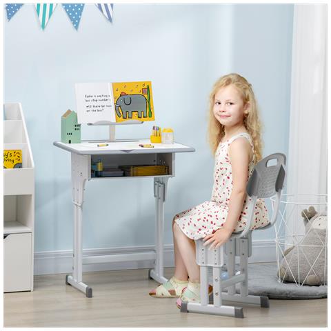 Banco Scuola Con Sedia Ad Altezza Regolabile E Luce Per Bambini 6-12 Anni, Acciaio E Mdf, Grigio - Foto 2