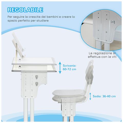 Banco Scuola Con Sedia Ad Altezza Regolabile E Luce Per Bambini 6-12 Anni, Acciaio E Mdf, Grigio - Foto 6
