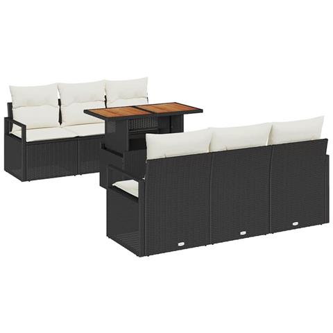 Set di divani giardino 7 pezzi con cuscini Rattan nero Poly Acacia, Divano giardino 2 posti con cuscini Rattan nero Poly - Foto 1