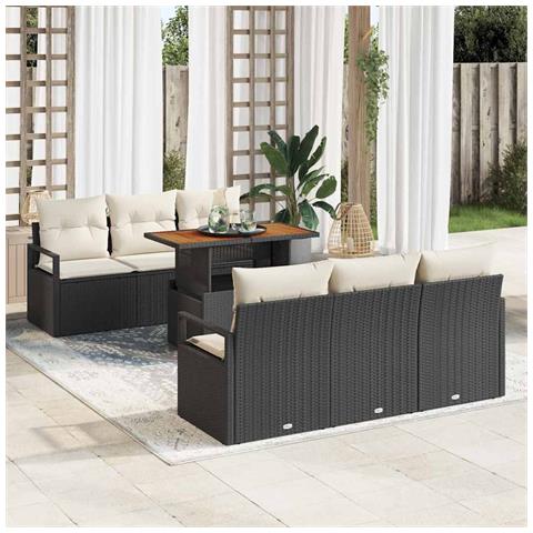 Set di divani giardino 7 pezzi con cuscini Rattan nero Poly Acacia, Divano giardino 2 posti con cuscini Rattan nero Poly - Foto 2