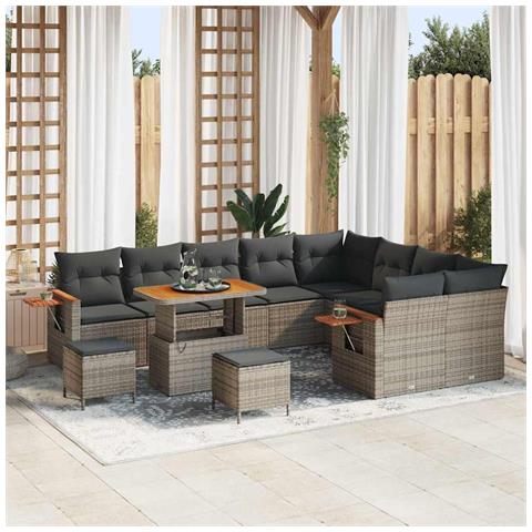 Set divani giardino  12 Pezzi con Cuscini Grigio Polirattan Acacia, Set pranzo giardino  3 Pezzi con Cuscini Grigio Polirattan Acacia - Foto 2
