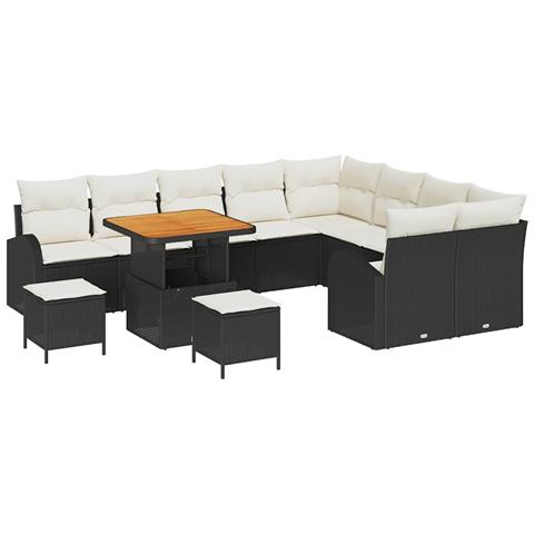 Set Divano da Giardino  da 12 Pezzi con Cuscini Nero Polyrattan Acacia, Divano da Giardino  da 2 Posti con Spazio di Stoccaggio e Cuscini Nero Polyrattan, Set Giardino da 3 Pezzi con Cuscini Nero Polyrattan Acacia - Foto 1