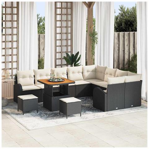 Set Divano da Giardino  da 12 Pezzi con Cuscini Nero Polyrattan Acacia, Divano da Giardino  da 2 Posti con Spazio di Stoccaggio e Cuscini Nero Polyrattan, Set Giardino da 3 Pezzi con Cuscini Nero Polyrattan Acacia - Foto 2