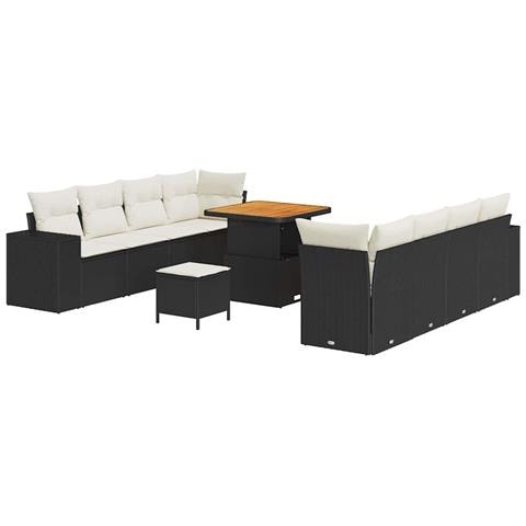 Set Divano da Giardino da 11 Pezzi con Cuscini Nero Rattan Polimerico Acacia,  Set da Pranzo da Giardino da 3 Pezzi con Cuscini Nero Rattan Polimerico Acacia - Foto 1