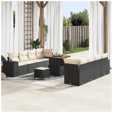 Set Divano da Giardino da 11 Pezzi con Cuscini Nero Rattan Polimerico Acacia,  Set da Pranzo da Giardino da 3 Pezzi con Cuscini Nero Rattan Polimerico Acacia - Foto 2