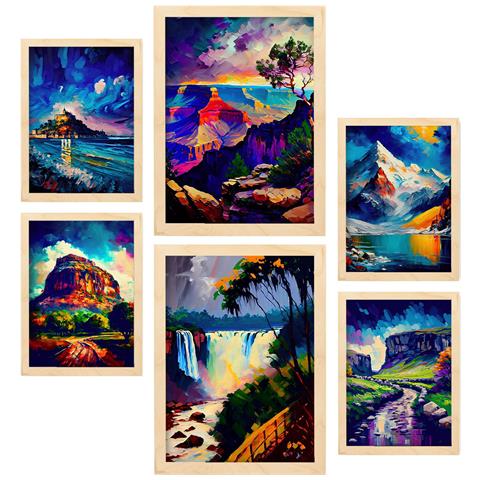 Set Di 6 Stampe Blu In Stile Pittura A Olio. Illustrazioni Di Monumenti E Città In Stile Fotografico A Colori. A3 & A4 Telaio In Legno Chiaro - Foto 1