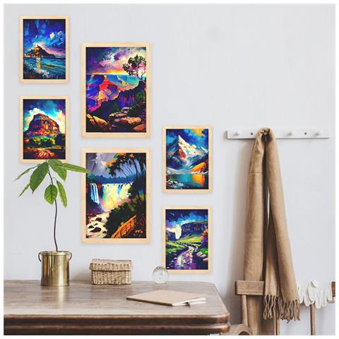 Set Di 6 Stampe Blu In Stile Pittura A Olio. Illustrazioni Di Monumenti E Città In Stile Fotografico A Colori. A3 & A4 Telaio In Legno Chiaro - Foto 5