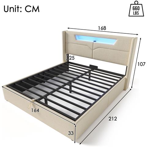 Letto In Lino Beige Con Led, Ricarica Usb E Vano Contenitore - Foto 2