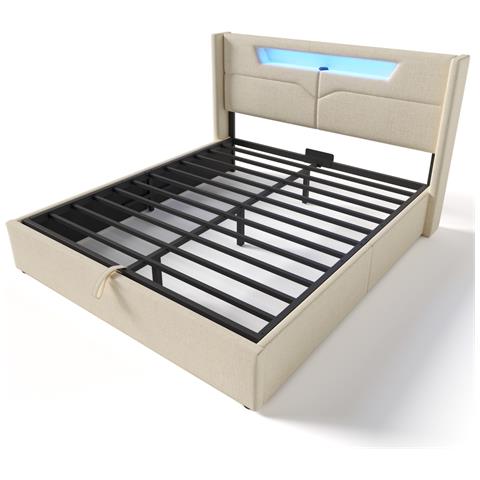 Letto In Lino Beige Con Led, Ricarica Usb E Vano Contenitore - Foto 3