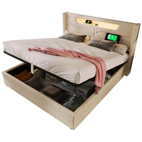 Letto In Lino Beige Con Led, Ricarica Usb E Vano Contenitore - Foto 1