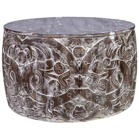 Tavolino Rotondo In Legno Intagliato Con Finitura Artigianale Marrone 76x76x45 - Foto 1