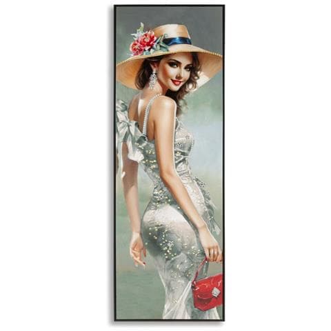 Dipinto Su Tela Elegant A Dama Con Cappello E Pochette Rossa, 52x152 Cm - Foto 1