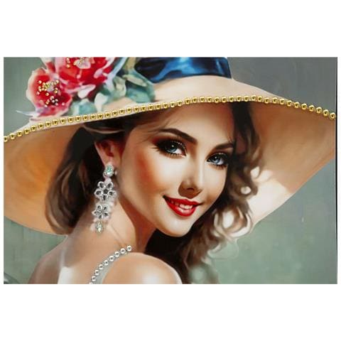 Dipinto Su Tela Elegant A Dama Con Cappello E Pochette Rossa, 52x152 Cm - Foto 2