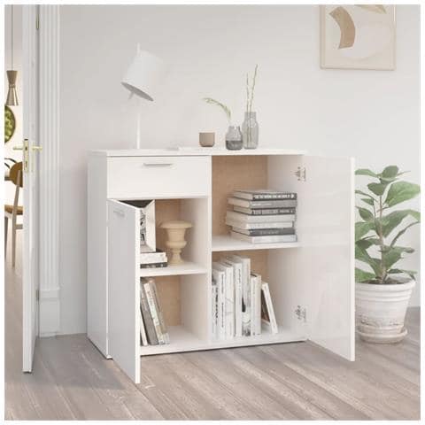 Credenza Bianco Lucido 80x36x75 Cm In Legno Multistrato - Foto 2