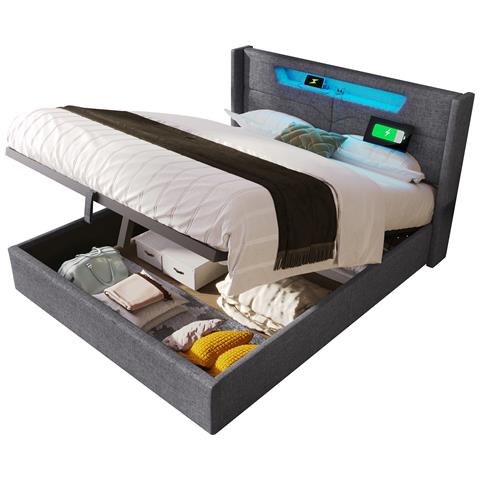 Letto Matrimoniale In Lino Grigio Con Design A V E Luce Led - Foto 1