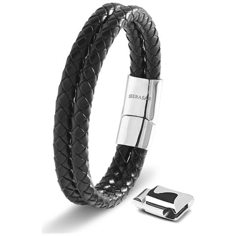 Bracciale in Pelle per Uomo ""Double"" 17cm Argento - Foto 1