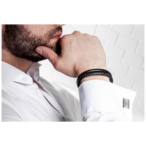 Bracciale in Pelle per Uomo ""Double"" 17cm Argento - Foto 6