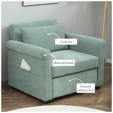 Poltrona Letto Singolo Con Schienale Regolabile In 4 Posizioni E Seduta Imbottita, 96x84.5x87.5 Cm, Verde - Foto 6