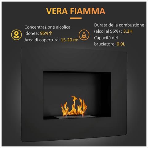 Caminetto a Bioetanolo da Incasso in Acciaio, Durata 3.3 Ore e Capacità 0.9L, 66x16x52 cm, Nero - Foto 6