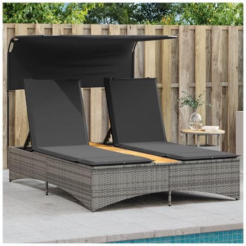 Lettino Doppio Con Baldacchino E Cuscini Grigio In Polyrattan - Foto 1