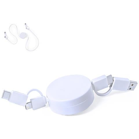 Caricabatterie E Cavo Dati. Cavo Estensibile. Connessione Micro Usb, Tipo C E Lightning 9v Dc 2.1a 80x4.1x1.7 Cm. Colore Bianco - Foto 1