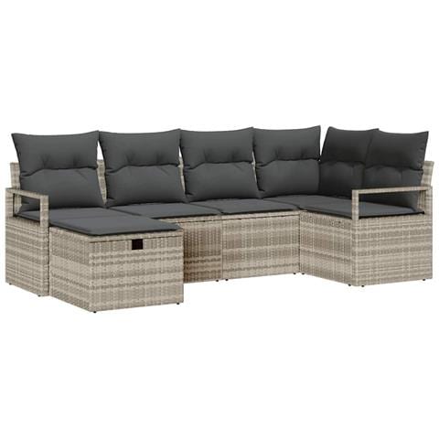 Set di Divani da Giardino a 6 Pezzi con Cuscini in Polyrattan Grigio Chiaro, Divano da Giardino a 2 Posti con Cuscini in Polyrattan Grigio - Foto 1