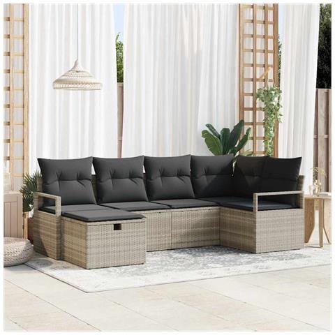 Set di Divani da Giardino a 6 Pezzi con Cuscini in Polyrattan Grigio Chiaro, Divano da Giardino a 2 Posti con Cuscini in Polyrattan Grigio - Foto 2