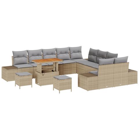 Set Divano da Giardino da 13 Pezzi con Cuscini Beige Polyrattan Acacia, Divano da Giardino a Due Posti con Cuscini Beige Polyrattan, Set da Pranzo da Giardino da 3 Pezzi con Cuscini Beige Polyrattan Acacia - Foto 1