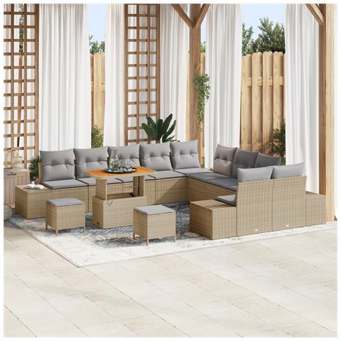 Set Divano da Giardino da 13 Pezzi con Cuscini Beige Polyrattan Acacia, Divano da Giardino a Due Posti con Cuscini Beige Polyrattan, Set da Pranzo da Giardino da 3 Pezzi con Cuscini Beige Polyrattan Acacia - Foto 2