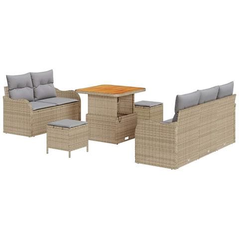 Set Divano da Giardino 8 Pezzi con Cuscini Beige Polyrattan Acacia, Divano da Giardino 2 Posti con Cuscini Beige Polyrattan, Set da Pranzo Giardino 3 Pezzi con Cuscini Beige Polyrattan Acacia - Foto 1