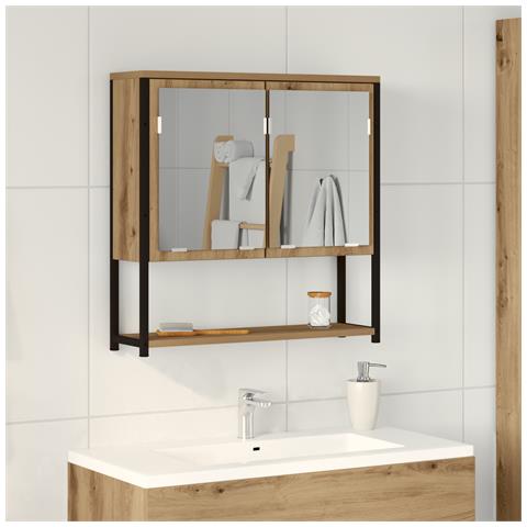 Mobiletto da bagno con specchio Rovere Artigianale 60x16x60 cm Legno Ingegnerizzato - Foto 2