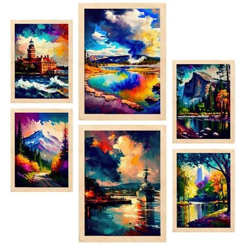 Set Di 6 Stampe Nuvole In Stile Dipinto A Olio. Illustrazioni Di Monumenti E Città In Stile Fotografico A Colori. A3 & A4 Telaio In Legno Chiaro - Foto 1