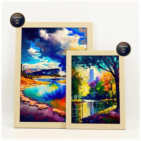 Set Di 6 Stampe Nuvole In Stile Dipinto A Olio. Illustrazioni Di Monumenti E Città In Stile Fotografico A Colori. A3 & A4 Telaio In Legno Chiaro - Foto 2