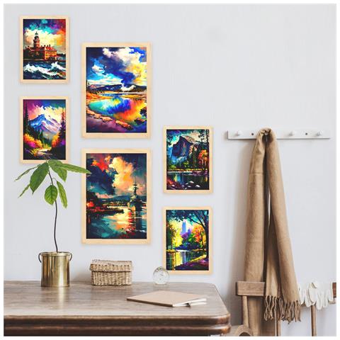 Set Di 6 Stampe Nuvole In Stile Dipinto A Olio. Illustrazioni Di Monumenti E Città In Stile Fotografico A Colori. A3 & A4 Telaio In Legno Chiaro - Foto 5