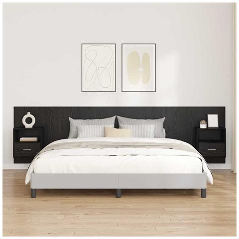 Testata con Comodino 3 pcs Rovere Nero Legno multistrato - Foto 2