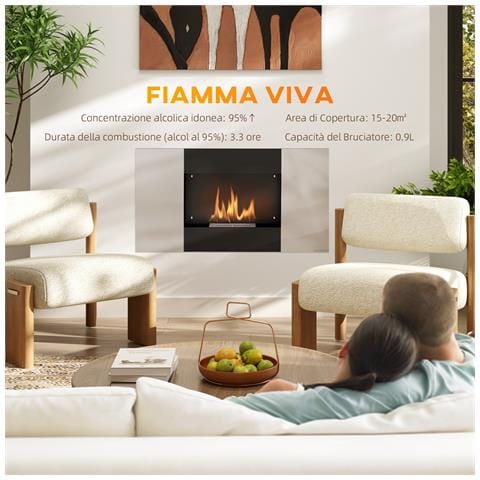 Camino a Bioetanolo 0.9L da Parete in Acciaio Inox, 100x15x54 cm, Nero e Argento - Foto 2