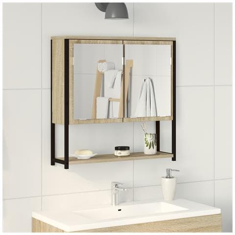 Mobiletto da Bagno con Specchiera Rovere Sonoma 60x16x60 cm in Legno Ingegnerizzato - Foto 2