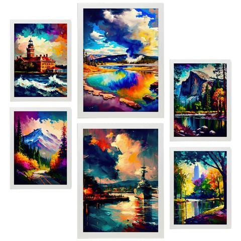 Set Di 6 Stampe Nuvole In Stile Dipinto A Olio. Illustrazioni Di Monumenti E Città In Stile Fotografico A Colori. A3 & A4 Cornice Bianca - Foto 1