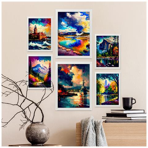 Set Di 6 Stampe Nuvole In Stile Dipinto A Olio. Illustrazioni Di Monumenti E Città In Stile Fotografico A Colori. A3 & A4 Cornice Bianca - Foto 5