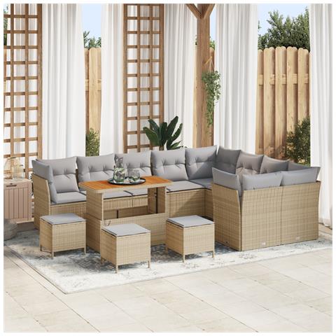 Set divani giardino  13 pezzi con cuscini beige in rattan poliestere, Set pranzo giardino  4 pezzi con cuscini beige in rattan poliestere - Foto 2