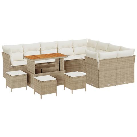 Set Divano da Giardino da 13 Pezzi con Cuscini Beige Polyrattan Acacia, Set da Pranzo da Giardino da 4 Pezzi con Cuscini Beige Polyrattan Acacia - Foto 1