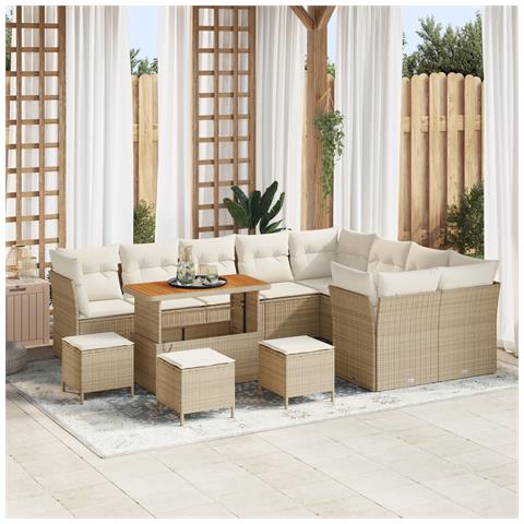 Set Divano da Giardino da 13 Pezzi con Cuscini Beige Polyrattan Acacia, Set da Pranzo da Giardino da 4 Pezzi con Cuscini Beige Polyrattan Acacia - Foto 2