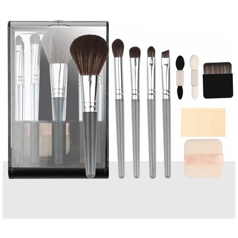 Set Di Pennelli Da Trucco Neri Portatili - Pennelli Cosmetici Da Viaggio Multifunzionali Con Specchio - Foto 1