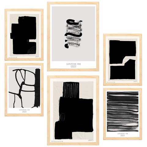 Set Di 6 Stampe Pittura Decorativa Giapponese A Inchiostro In Bianco E Nero Con Cornice E Illustrazioni Per Le Pareti A3 & A4 Telaio In Legno Chiaro - Foto 1