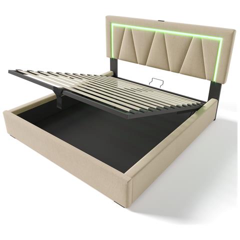 Letto Matrimoniale Con Testiera Regolabile E Illuminazione Led In Lino Beige - Foto 2