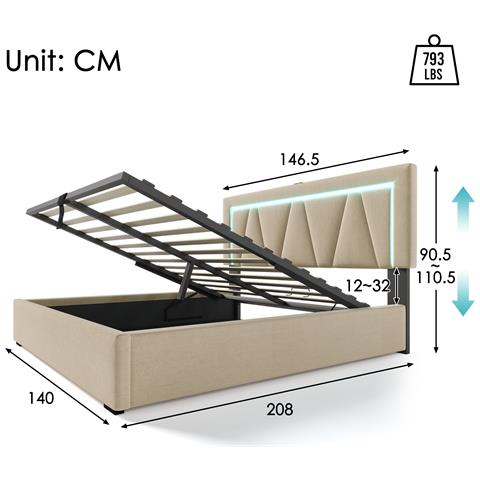 Letto Matrimoniale Con Testiera Regolabile E Illuminazione Led In Lino Beige - Foto 3